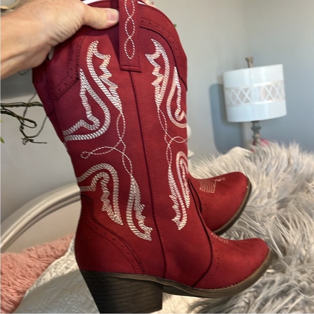 Red Cowgirl Boots Mid Calf Embroidered Western Cowboy Womens 6.5 New in Box